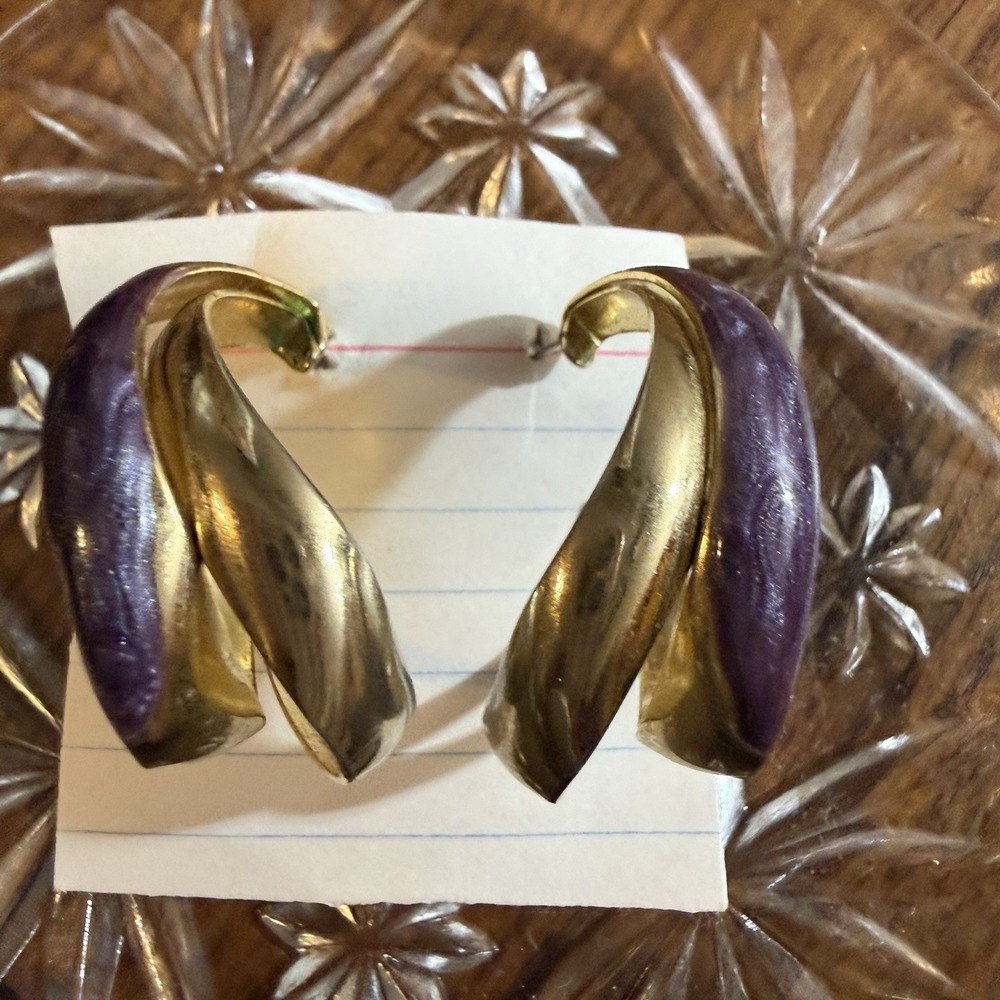 Double Hoop Pierced Earrings Purple Swirled Enamel Gold Soft Girl Retro BoHo